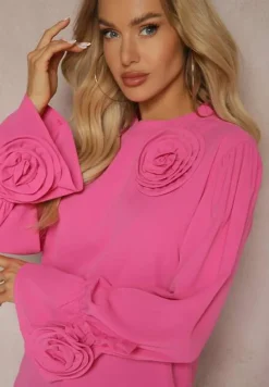 Różowa Bluzka z Dodatkiem Bawełny Ozdobiona Kwiatem 3D Merisara
