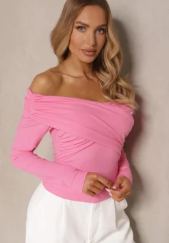Różowa Bluzka z Wiskozą z Hiszpańskim Dekoltem Amodara