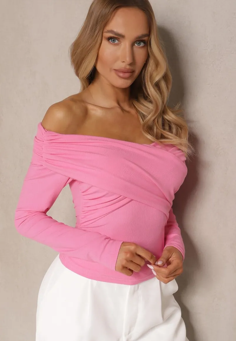 Różowa Bluzka z Wiskozą z Hiszpańskim Dekoltem Amodara