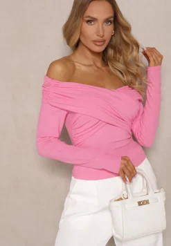 Różowa Bluzka z Wiskozą z Hiszpańskim Dekoltem Amodara