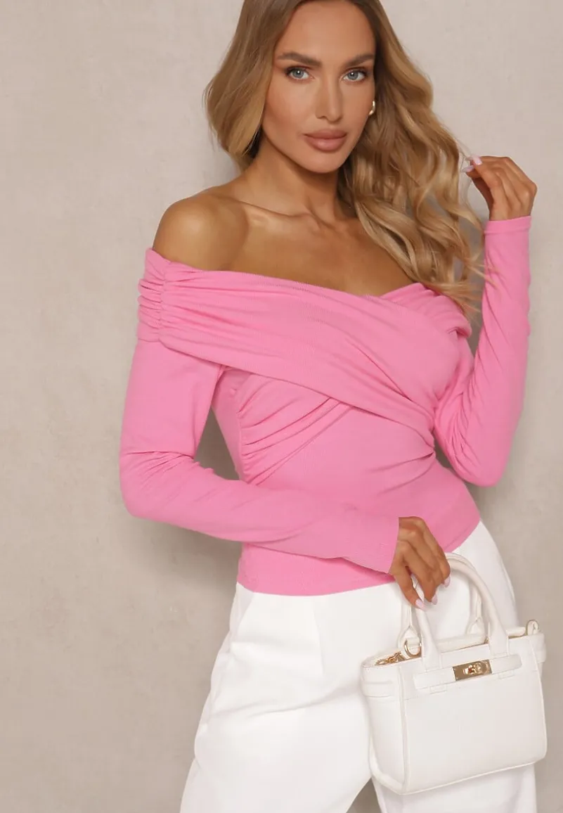 Różowa Bluzka z Wiskozą z Hiszpańskim Dekoltem Amodara