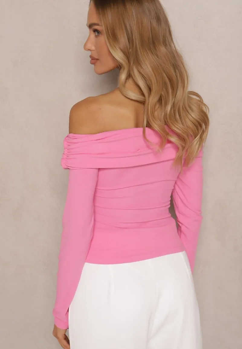 Różowa Bluzka z Wiskozą z Hiszpańskim Dekoltem Amodara