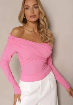 Różowa Bluzka z Wiskozą z Hiszpańskim Dekoltem Amodara