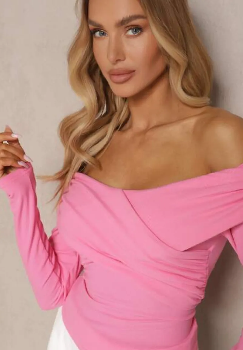 Różowa Bluzka z Wiskozą z Hiszpańskim Dekoltem Amodara