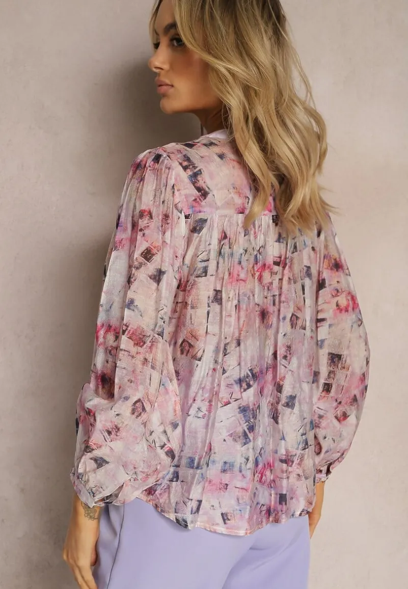 Różowa Bluzka z Wiskozy o Luźnych Rękawach w Abstrakcyjny Wzór Merissta
