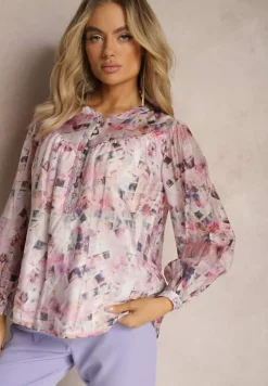 Różowa Bluzka z Wiskozy o Luźnych Rękawach w Abstrakcyjny Wzór Merissta