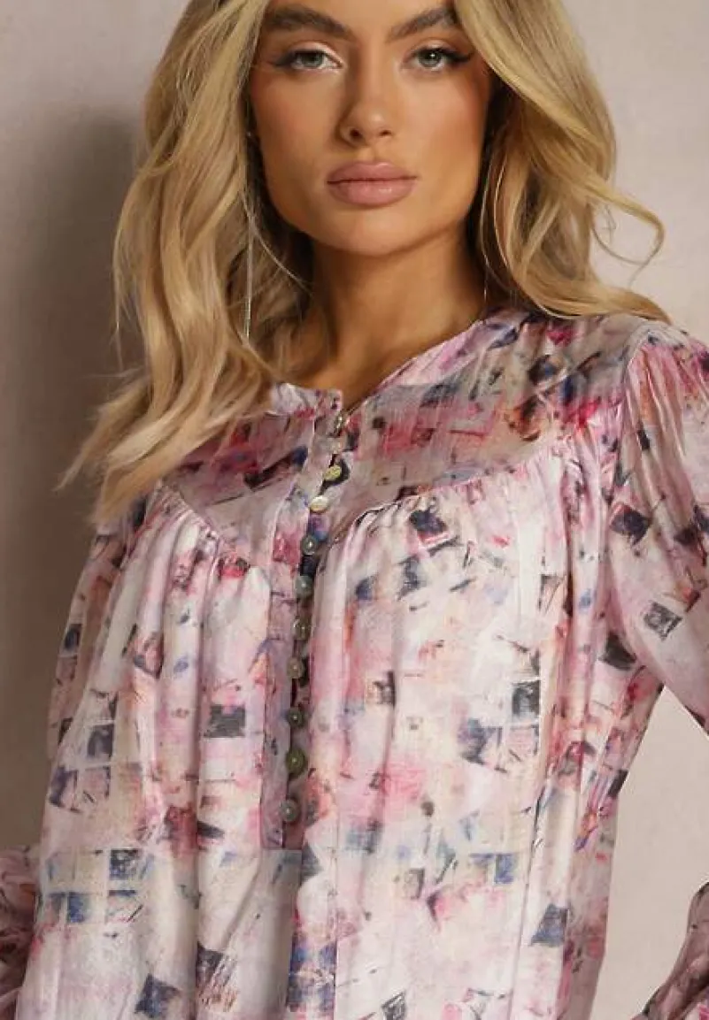Różowa Bluzka z Wiskozy o Luźnych Rękawach w Abstrakcyjny Wzór Merissta