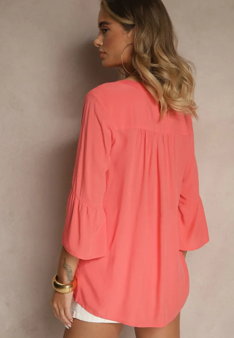 Różowa Bluzka z Wiskozy Ozdobiona Falbankami Ralivia