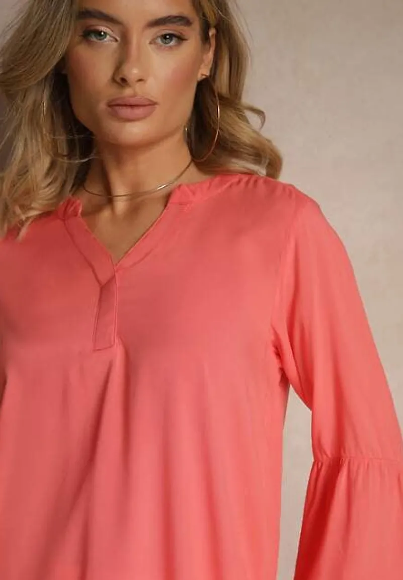 Różowa Bluzka z Wiskozy Ozdobiona Falbankami Ralivia