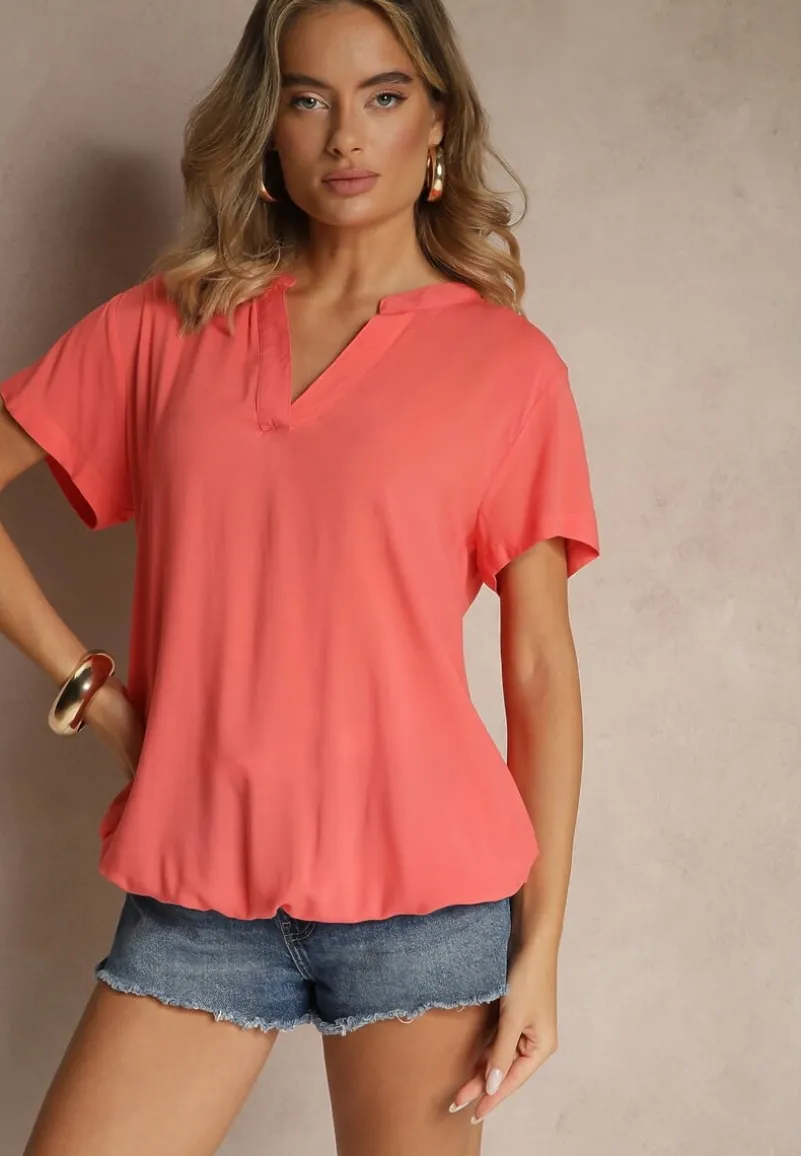 Różowa Bluzka z Wiskozy z Dekoltem w Serek Savelae