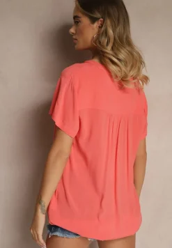 Różowa Bluzka z Wiskozy z Dekoltem w Serek Savelae