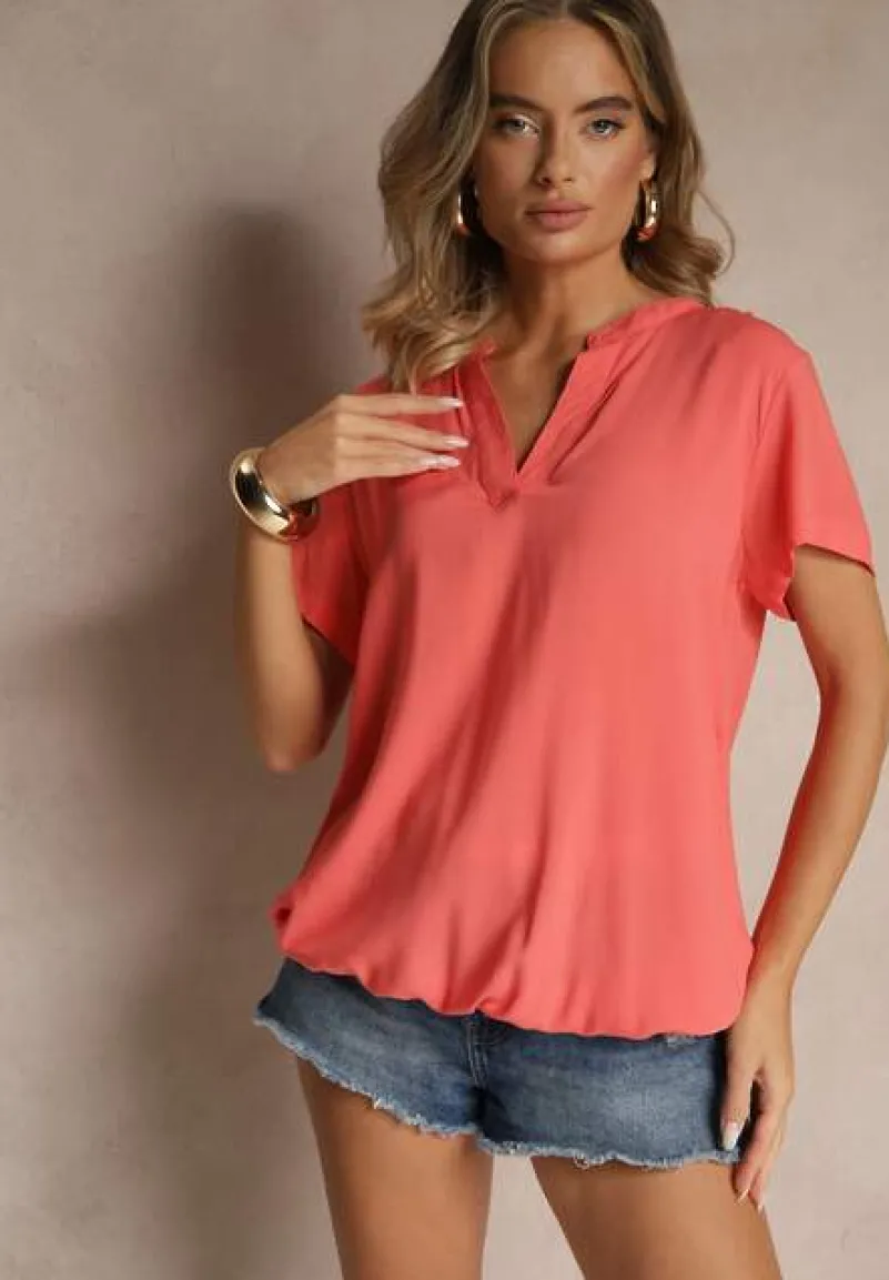 Różowa Bluzka z Wiskozy z Dekoltem w Serek Savelae