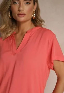 Różowa Bluzka z Wiskozy z Dekoltem w Serek Savelae