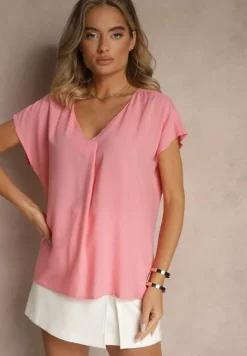 Różowa Bluzka z Wiskozy z Trójkątnym Dekoltem Tilimira