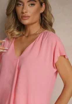 Różowa Bluzka z Wiskozy z Trójkątnym Dekoltem Tilimira