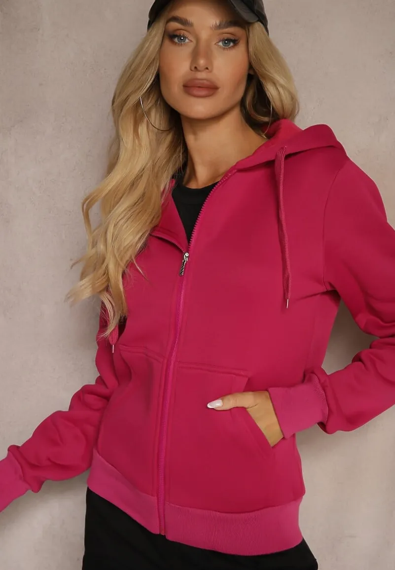 Różowa Casualowa Bluza z Dodatkiem Bawełny Zapinana na Suwak z Kapturem Arkatia