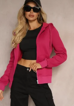 Różowa Casualowa Bluza z Dodatkiem Bawełny Zapinana na Suwak z Kapturem Arkatia