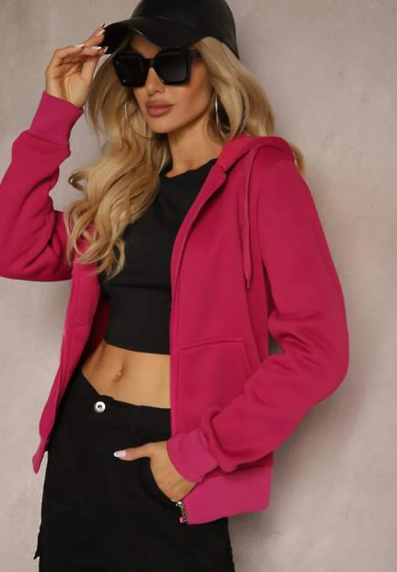 Różowa Casualowa Bluza z Dodatkiem Bawełny Zapinana na Suwak z Kapturem Arkatia