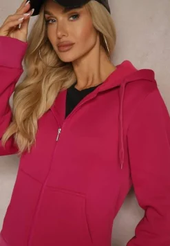 Różowa Casualowa Bluza z Dodatkiem Bawełny Zapinana na Suwak z Kapturem Arkatia