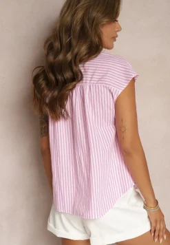 Różowa Casualowa Koszula z Bawełny w Paski na Guziki Menatia