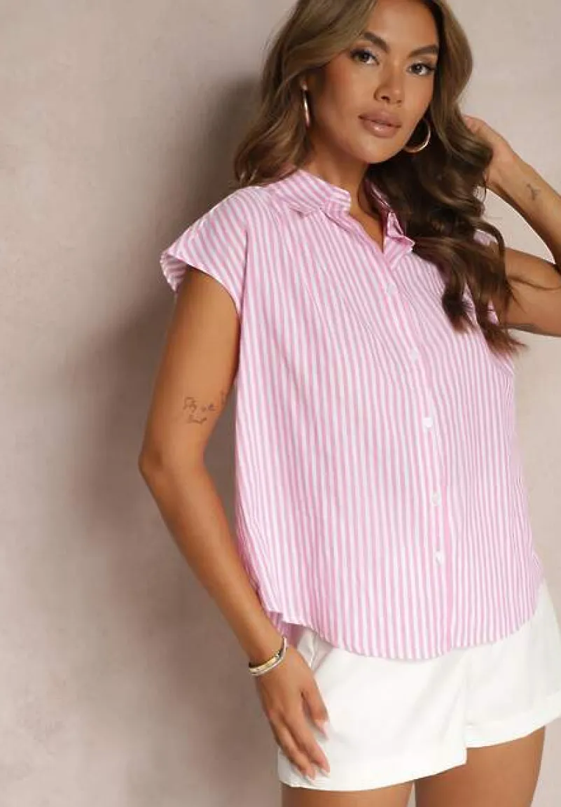 Różowa Casualowa Koszula z Bawełny w Paski na Guziki Menatia