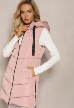 Różowa Długa Kamizelka Pikowana Dwustronna ze Sznurkami przy Kapturze Frenila