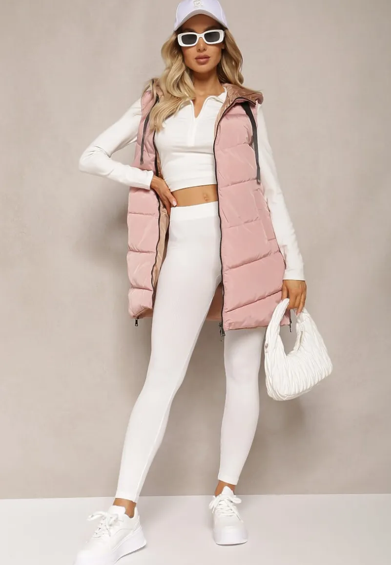 Różowa Długa Kamizelka Pikowana Dwustronna ze Sznurkami przy Kapturze Frenila