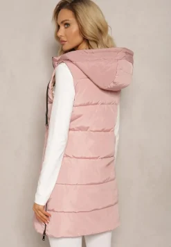 Różowa Długa Kamizelka Pikowana Dwustronna ze Sznurkami przy Kapturze Frenila
