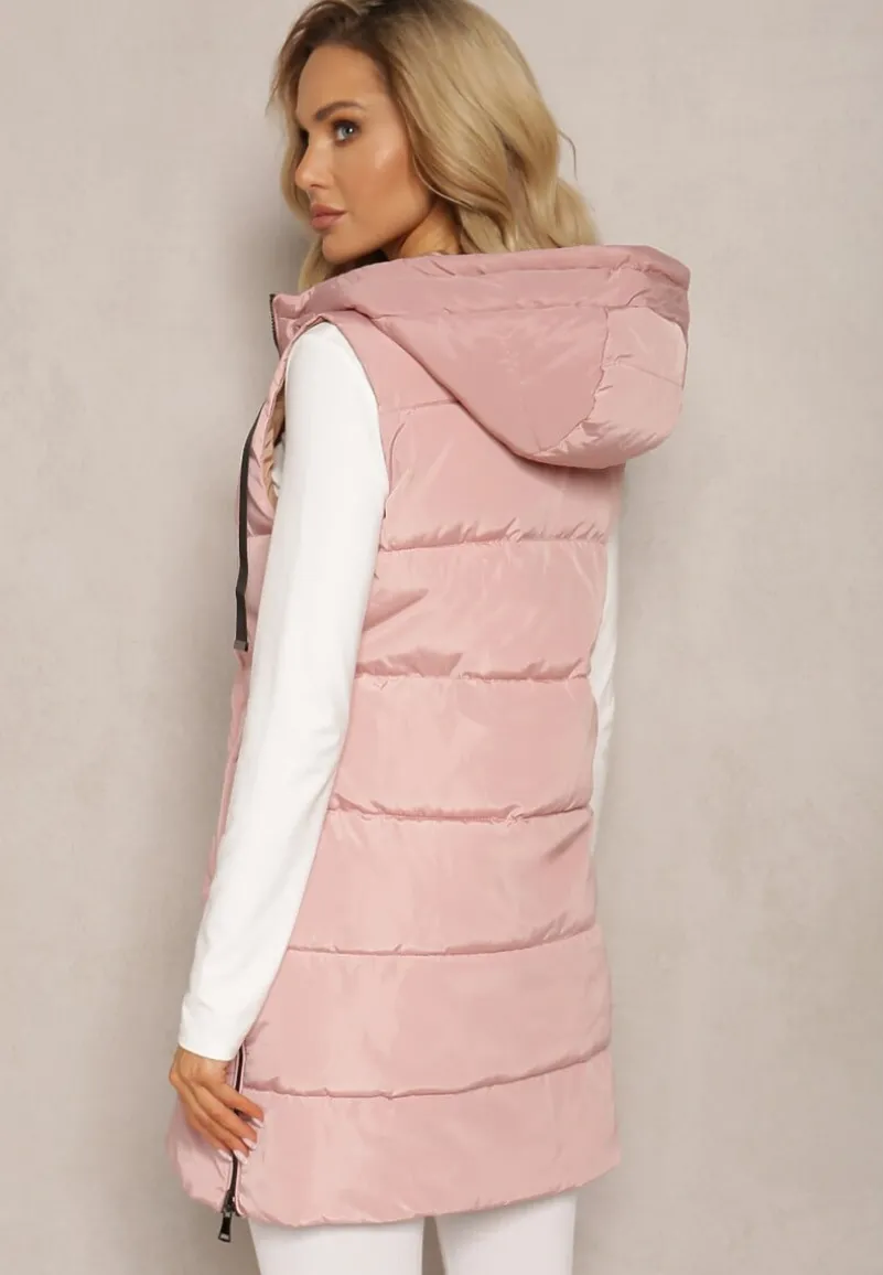 Różowa Długa Kamizelka Pikowana Dwustronna ze Sznurkami przy Kapturze Frenila