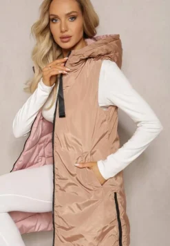 Różowa Długa Kamizelka Pikowana Dwustronna ze Sznurkami przy Kapturze Frenila