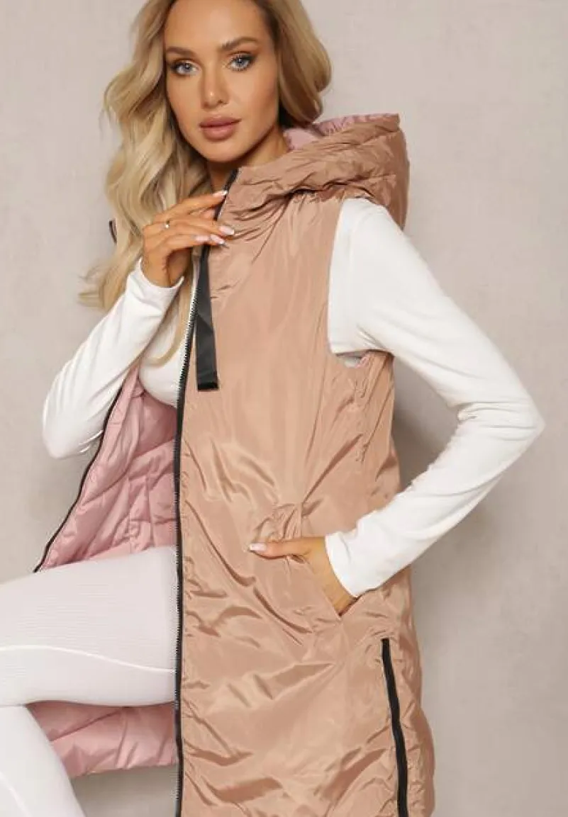 Różowa Długa Kamizelka Pikowana Dwustronna ze Sznurkami przy Kapturze Frenila