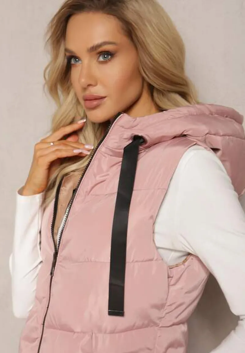 Różowa Długa Kamizelka Pikowana Dwustronna ze Sznurkami przy Kapturze Frenila