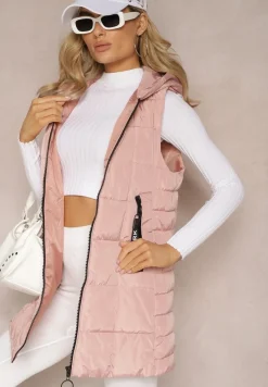 Różowa Długa Kamizelka Pikowana z Wysokim Kołnierzem i Kapturem Pansi