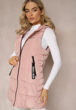 Różowa Długa Kamizelka Pikowana z Wysokim Kołnierzem i Kapturem Pansi