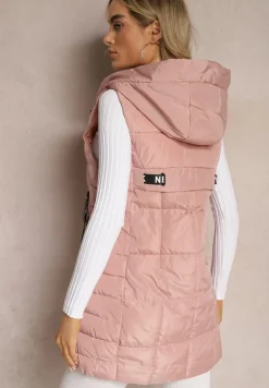 Różowa Długa Kamizelka Pikowana z Wysokim Kołnierzem i Kapturem Pansi