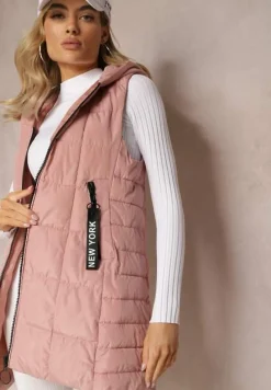 Różowa Długa Kamizelka Pikowana z Wysokim Kołnierzem i Kapturem Pansi