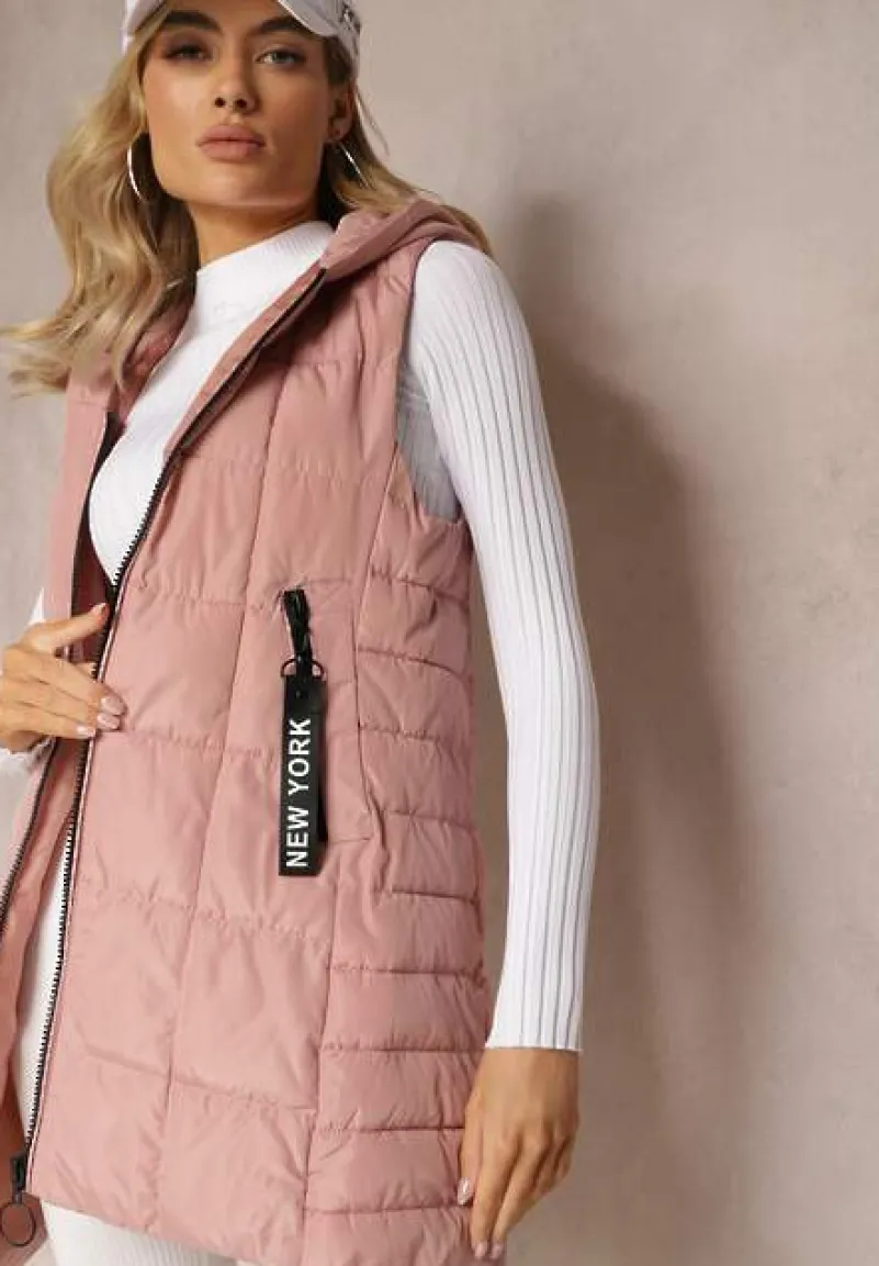 Różowa Długa Kamizelka Pikowana z Wysokim Kołnierzem i Kapturem Pansi