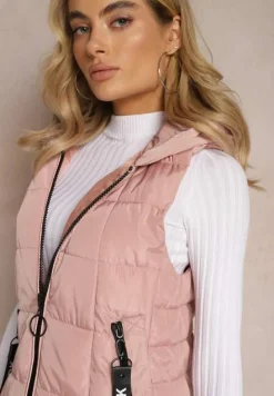 Różowa Długa Kamizelka Pikowana z Wysokim Kołnierzem i Kapturem Pansi