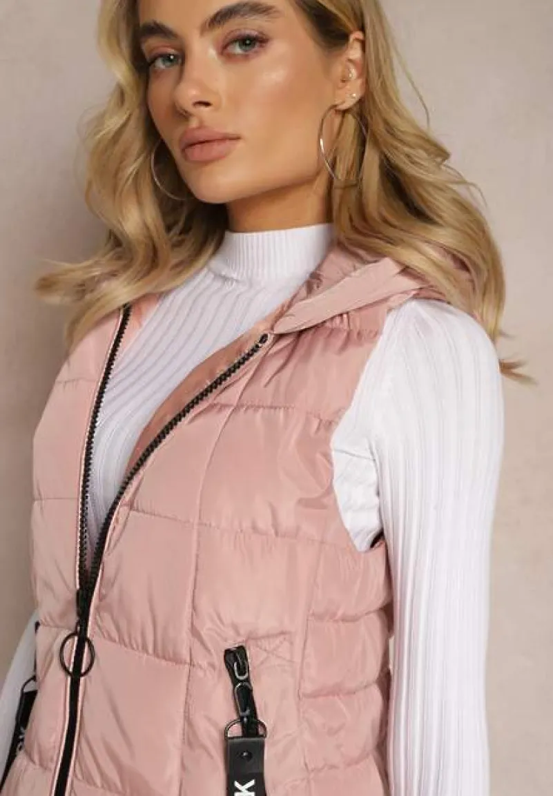 Różowa Długa Kamizelka Pikowana z Wysokim Kołnierzem i Kapturem Pansi