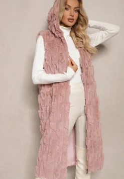 Różowa Długa Kamizelka z Futerka Zapinana na Suwak z Kapturem Vioresa