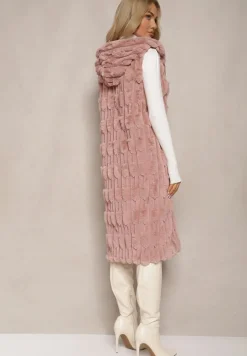 Różowa Długa Kamizelka z Futerka Zapinana na Suwak z Kapturem Vioresa