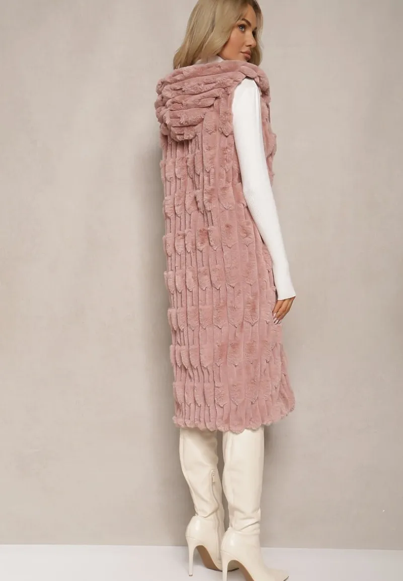 Różowa Długa Kamizelka z Futerka Zapinana na Suwak z Kapturem Vioresa