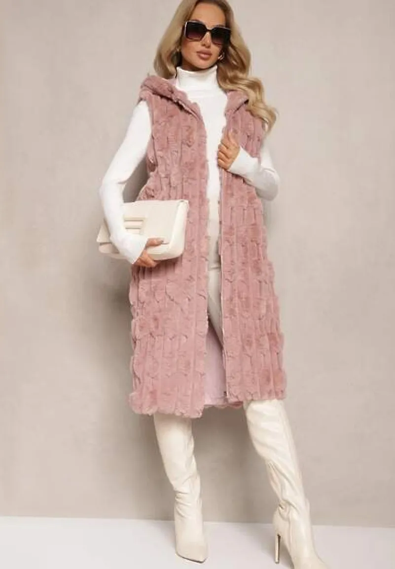 Różowa Długa Kamizelka z Futerka Zapinana na Suwak z Kapturem Vioresa