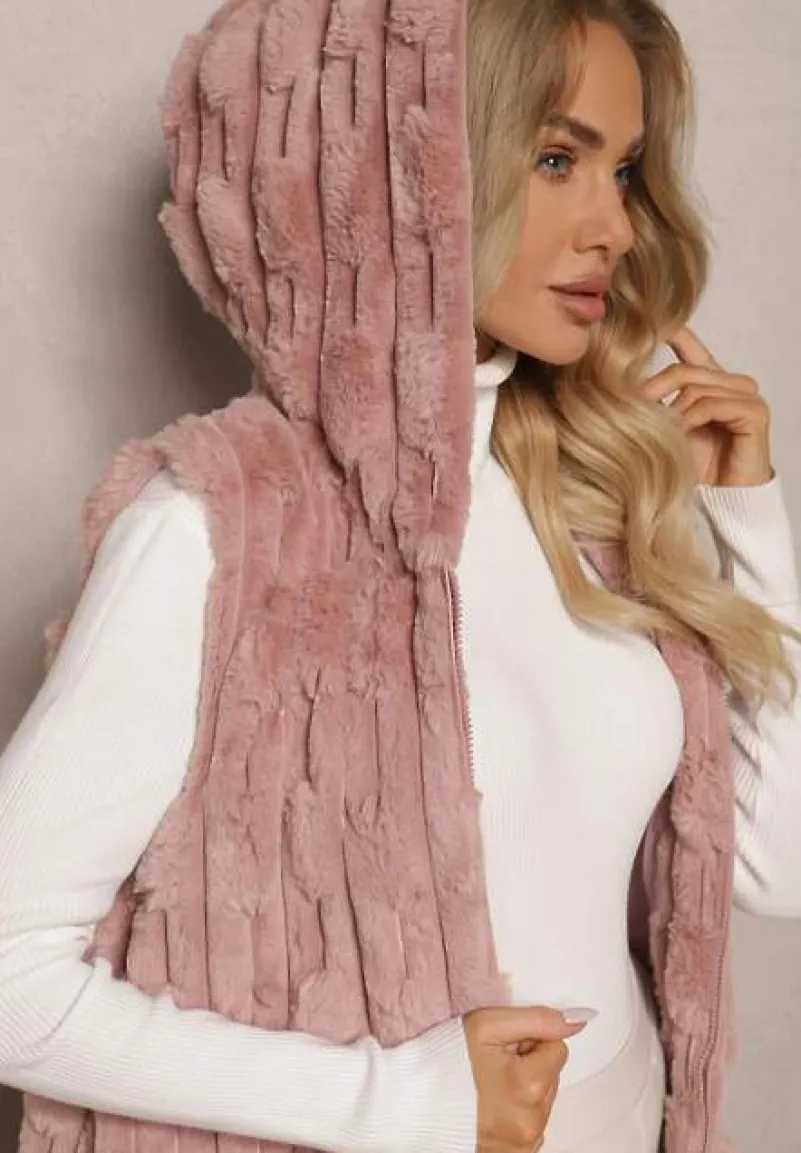 Różowa Długa Kamizelka z Futerka Zapinana na Suwak z Kapturem Vioresa