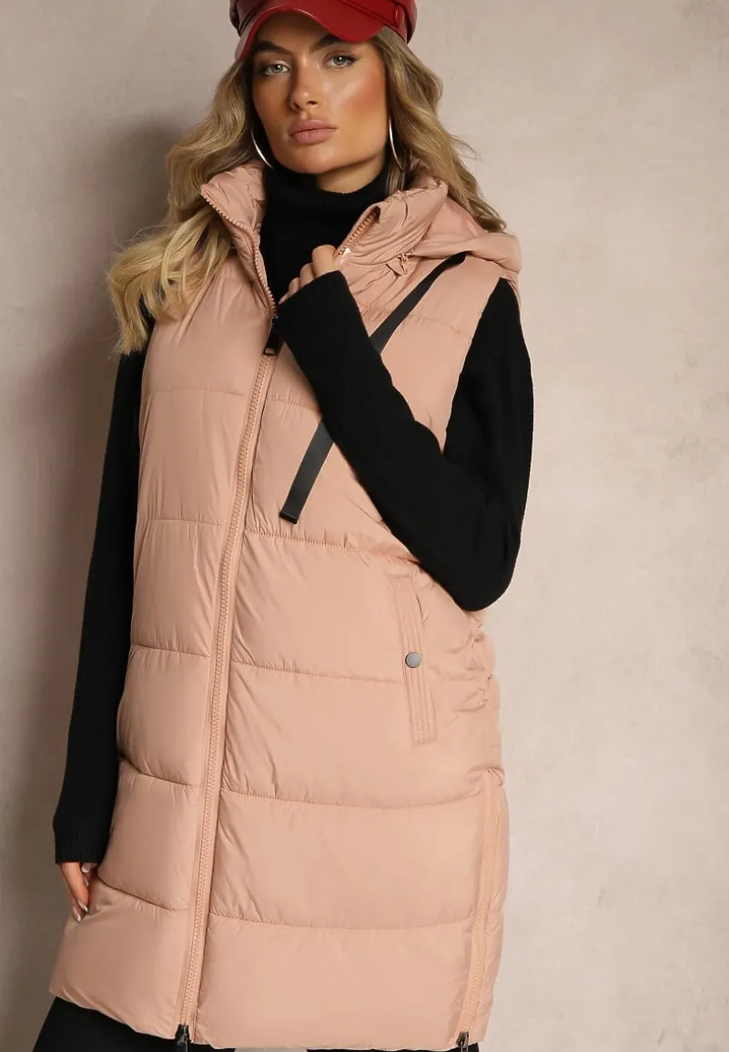 Różowa Długa Kamizelka z Ozdobnym Pikowaniem i Odpinanym Kapturem Neriora