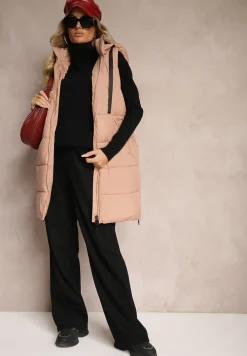 Różowa Długa Kamizelka z Ozdobnym Pikowaniem i Odpinanym Kapturem Neriora