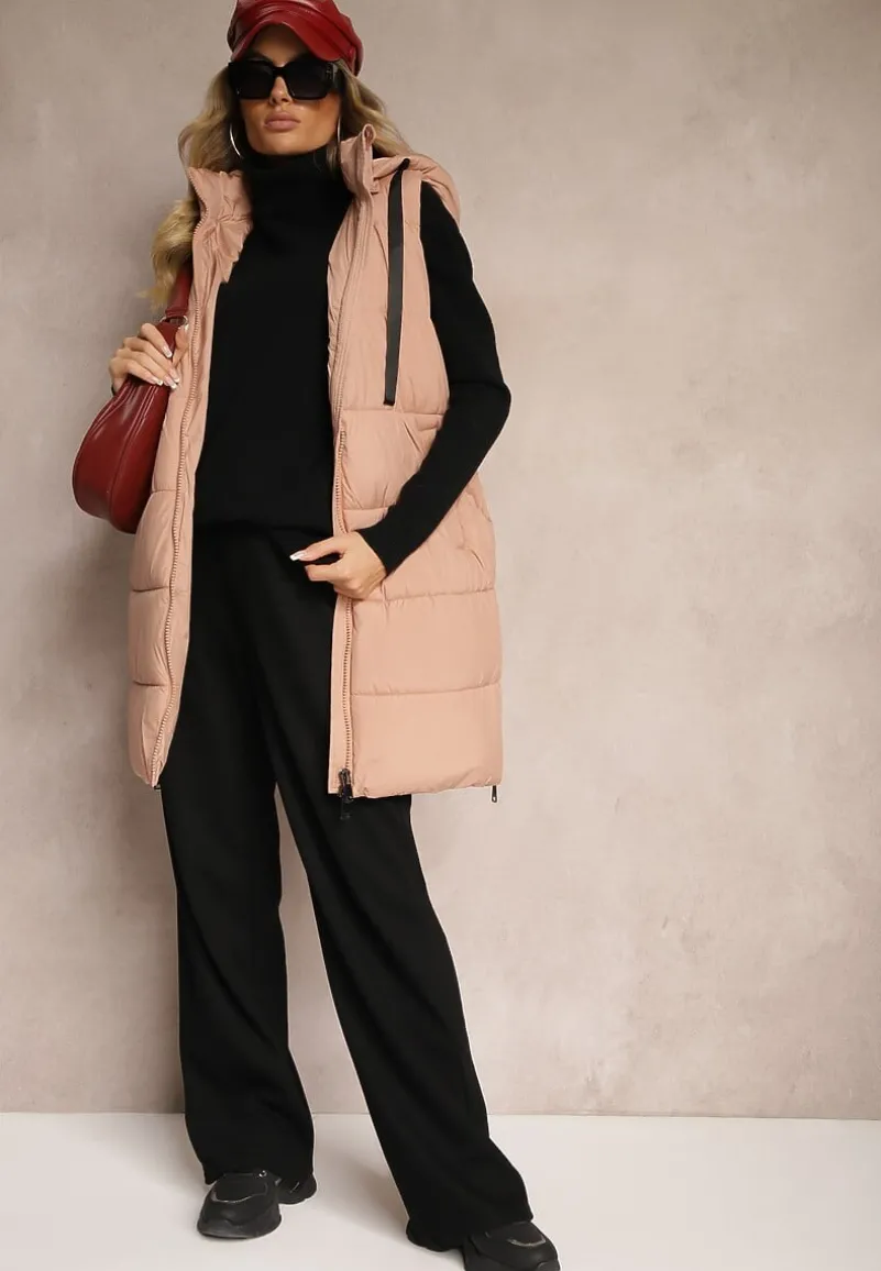 Różowa Długa Kamizelka z Ozdobnym Pikowaniem i Odpinanym Kapturem Neriora
