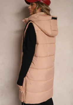 Różowa Długa Kamizelka z Ozdobnym Pikowaniem i Odpinanym Kapturem Neriora