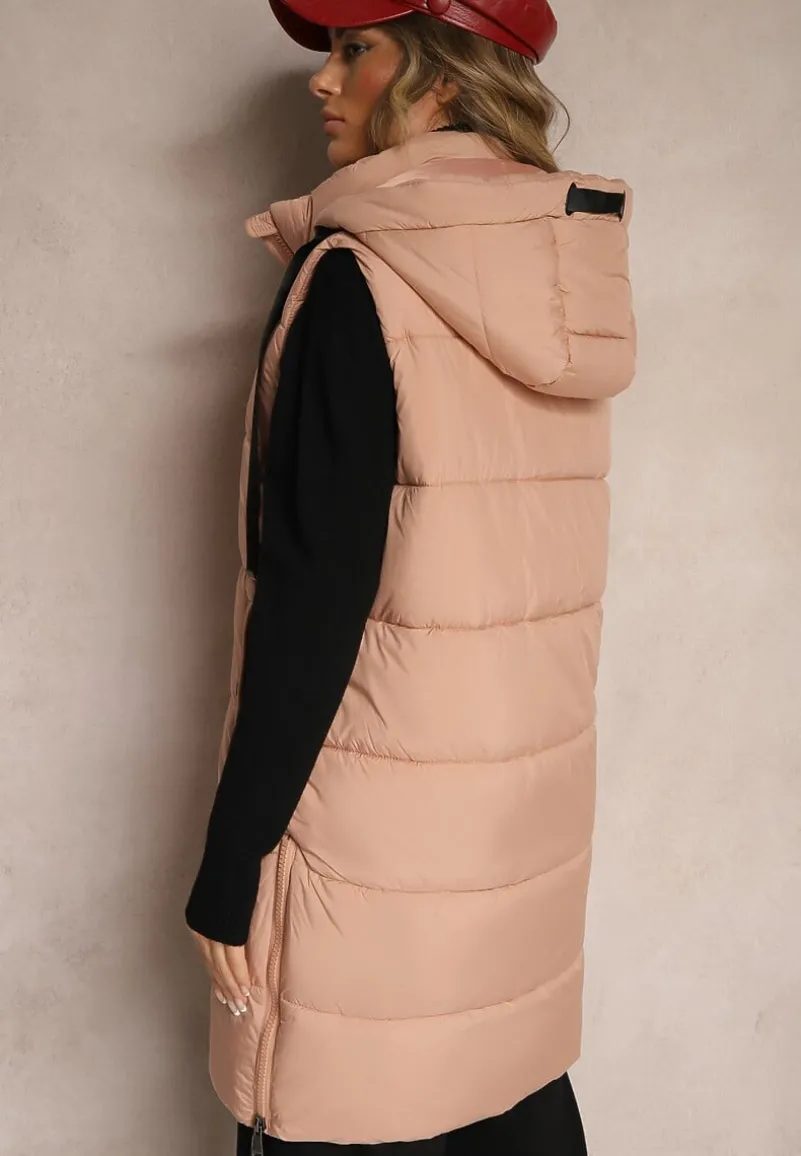 Różowa Długa Kamizelka z Ozdobnym Pikowaniem i Odpinanym Kapturem Neriora