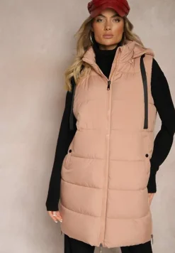 Różowa Długa Kamizelka z Ozdobnym Pikowaniem i Odpinanym Kapturem Neriora